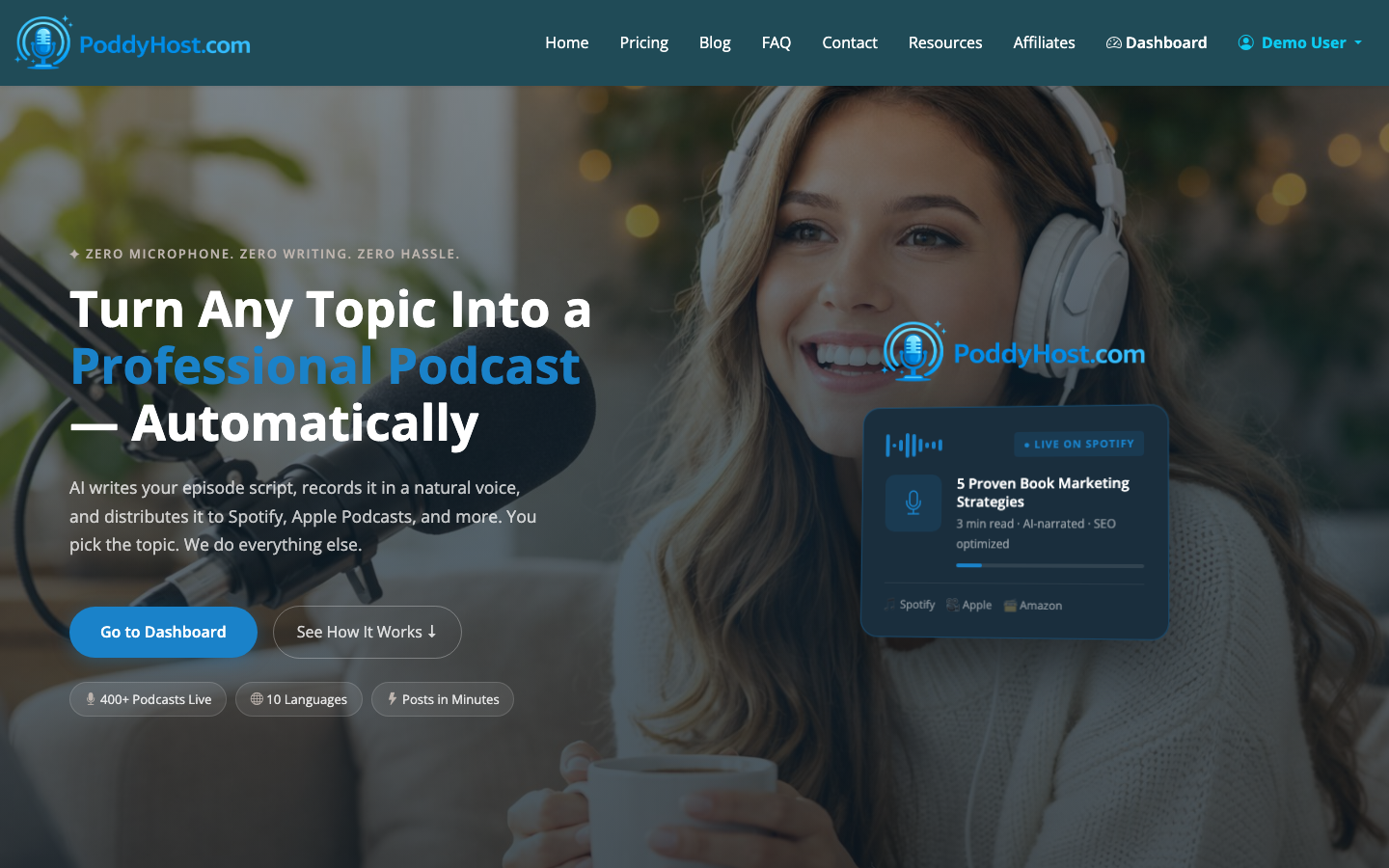 PoddyHost helps create an AI-narrated podcast and distribute it through RSS.